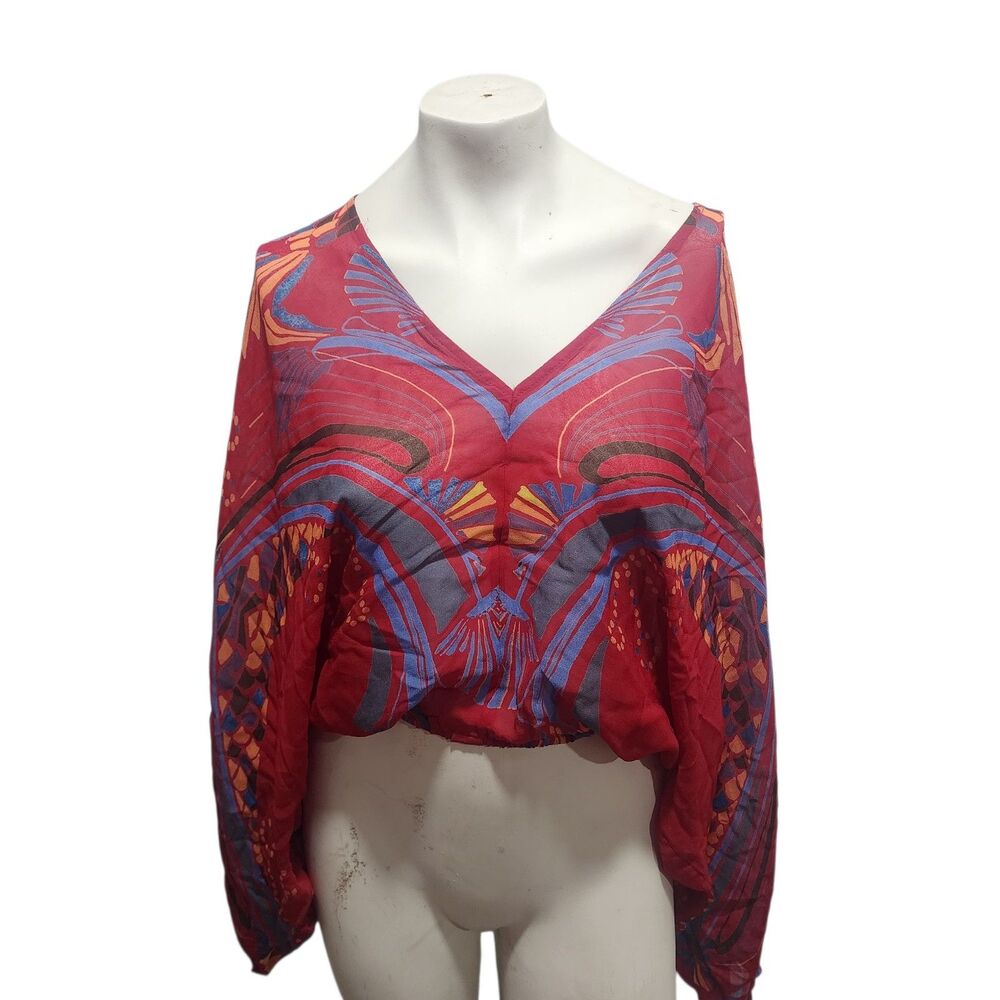 Free People Beneath the Sea Top Red Sheer Crop Boho Abstract Festival